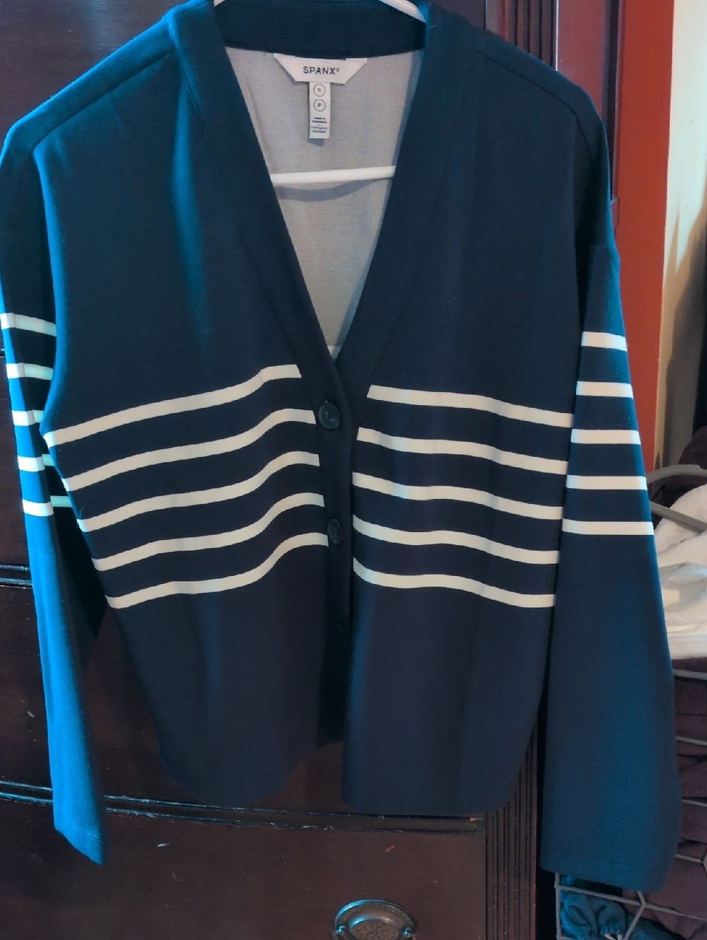 Spanx Navy Cardigan with White Stripes